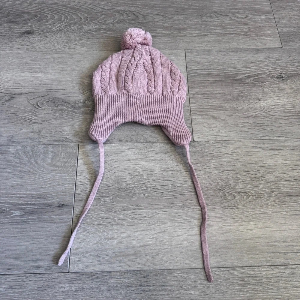 H&M Kids Pink Cable Knit Fleece Lined‎ Earflap Beanie Pom Hat 9-12 M